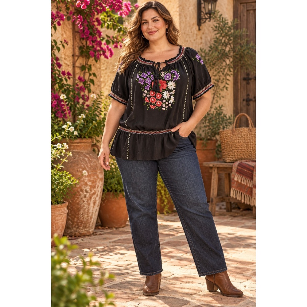 Alice & You Floral Embroidered Peasant Top Black Boho Size 20 NWT Folk Cottage